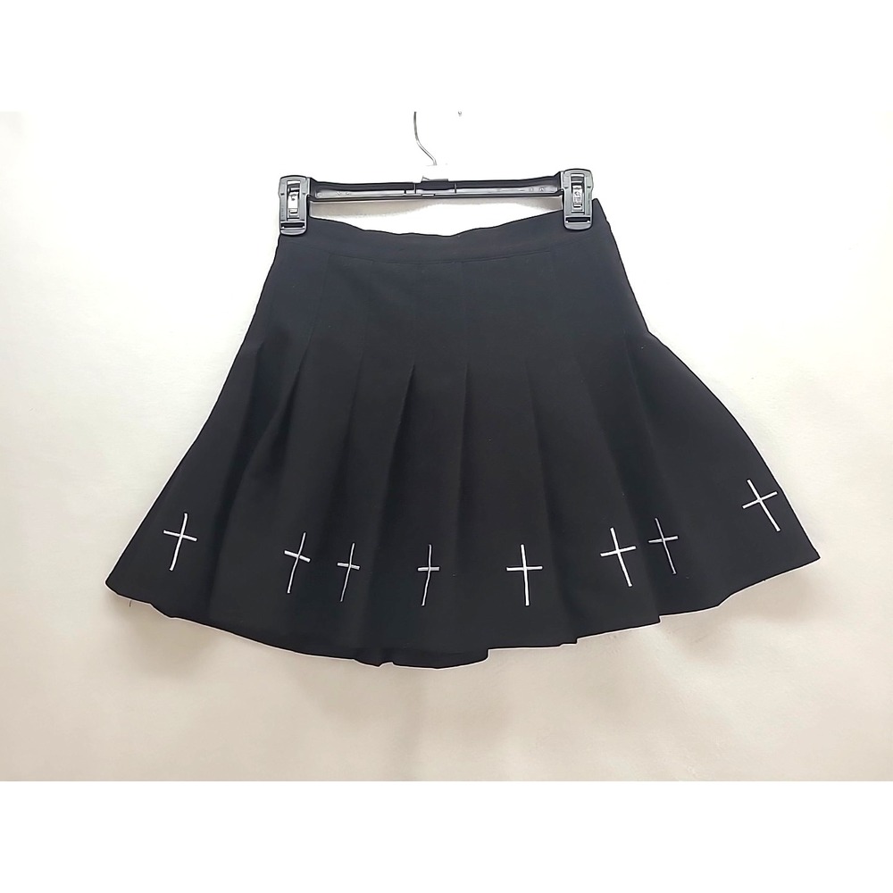 Black Pleated GOTH skater Skirt with Embroidered Crosses